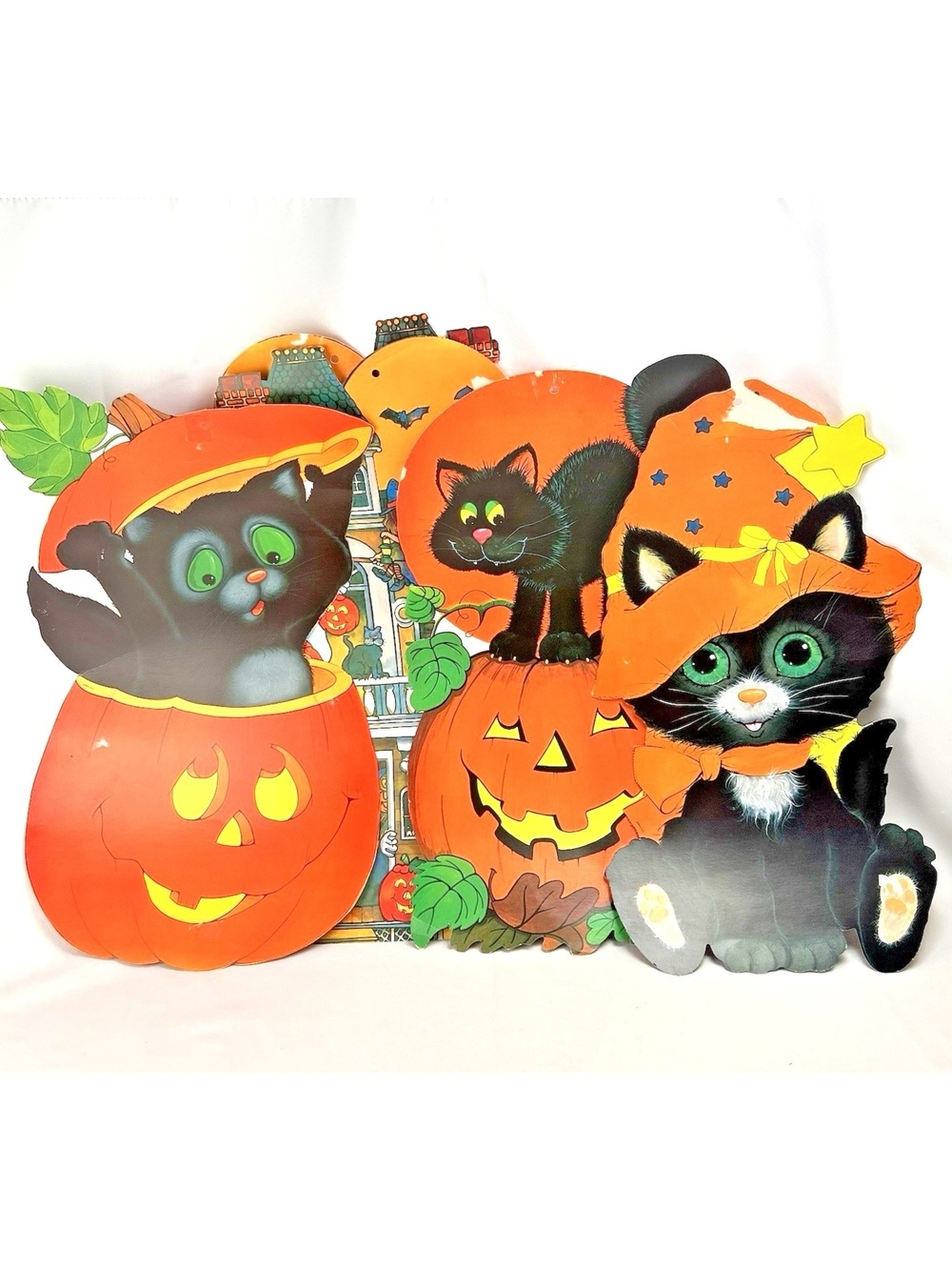 Vtg Eureka 80s Halloween Die Cut Decoration Black Cat Pumpkin Haunted House Read